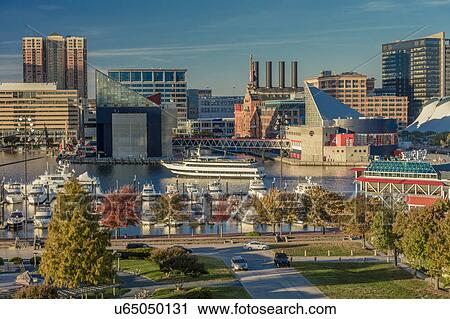 Stock Image - Panoramic view of Baltimore Inner Harbour, Maryland - shot from Federal Park Hill. Fotosearch