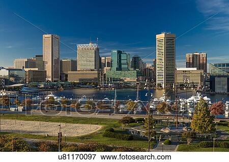 Stock Photo - Panoramic view of Baltimore Inner Harbour, Maryland - shot from Federal Park Hill. Fotosearch