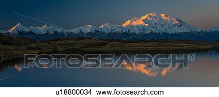 Picture - Panoramic view of Mount Denali, previously known as McKinley from Wonder Lake, Denali National Park, Alaska. Fotosearch
