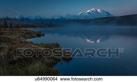 Picture - Panoramic view of Mount Denali, previously known as McKinley from Wonder Lake, Denali National Park, Alaska. Fotosearch