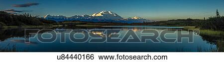 Stock Photograph - Panoramic view of Mount Denali, previously known as McKinley from Wonder Lake, Denali National Park, Alaska. Fotosearch