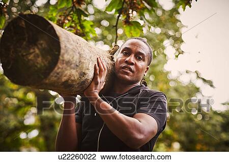 Stock Image - Portrait of mature man training, lifting tree trunk on shoulder in park. Fotosearch