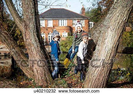 Portrait of three young boys, leaning against tree View Large Photo Image Stock Image - Portrait of three young boys, leaning against tree. Fotosearch