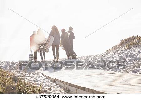 Picture - Rear view of young adult friends strolling on sunlit boardwalk at beach, Western Cape, South Africa. Fotosearch