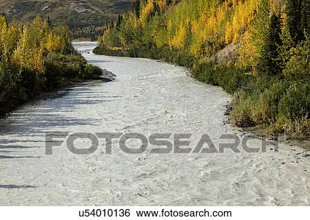 Stock Photograph - Roaring river and autumn color as seen off Richardson Highway, Route 4, North of Paxon, Alaska. Fotosearch