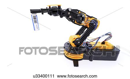 Stock Image - Robotic arm holding barcode. Fotosearch