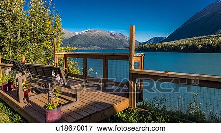 Stock Photo - Scenic View Of The Kenai Mountains and Kenai Lake from the Kingfisher Roadhouse, Alaska. Fotosearch