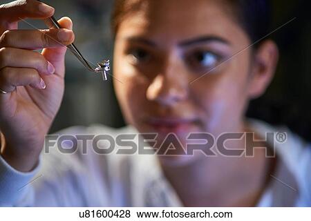 Stock Photo - Scientists examining object held in tweezers. Fotosearch