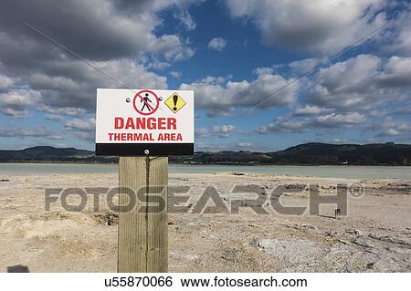 Stock Photograph - Sign at Lake Rotorua thermal area, New Zealand. Fotosearch