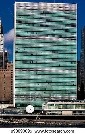 Stock Photography - Skyline of Midtown Manhattan seen from the East River showing the Chrysler Building and the United Nations building, New York. Fotosearch