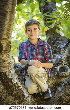 Stock Image - Smiling boy sitting on tree. Fotosearch