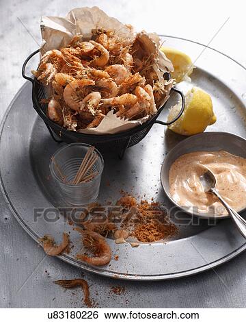 Spicy school prawns with paprika aioli View Large Photo Image Stock Photograph - Spicy school prawns with paprika aioli. Fotosearch