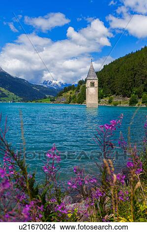 Picture - Submerged Curon church bell tower in lake, Vinschgau Valley, South Tyrol, Italy. Fotosearch