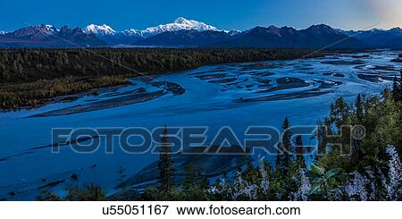 Stock Photo - Sunrise on Mnt Denali, Trapper Creek pullout view, Alaska near Mount Denali Lodge. Fotosearch