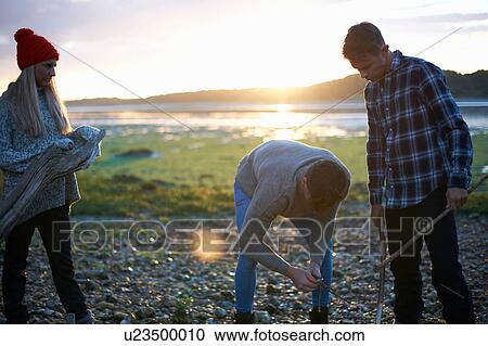 Stock Image - Three adult friends collecting sea driftwood at sunset. Fotosearch