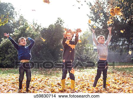 Picture - Three boys outdoors, throwing autumn leaves. Fotosearch