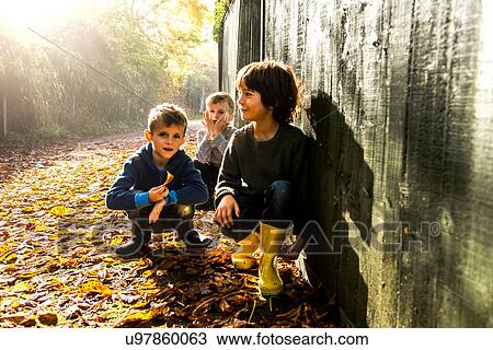 Stock Image - Three young boys, sitting against fence, surrounded by autumn leaves. Fotosearch