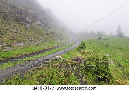 Stock Photo - Ukraine, Zakarpattia, Rakhiv district, Carpathians, Maramures, Hiking trail in rolling landscape. Fotosearch