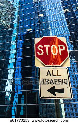USA, New York, Distorted reflections in office building and stop sign in front View Large Photo Image Stock Image - USA, New York, Distorted reflections in office building and stop sign in front. Fotosearch