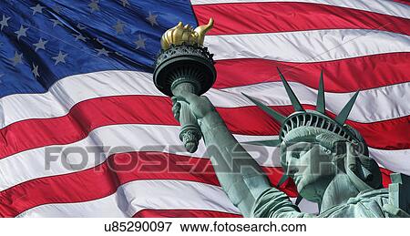 Stock Photo - USA, New York State, New York City, Part of Statue of Liberty against american flag. Fotosearch