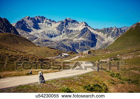 Stock Photography - View of winding road and mountains, Albula Pass, Graubunden, Switzerland. Fotosearch