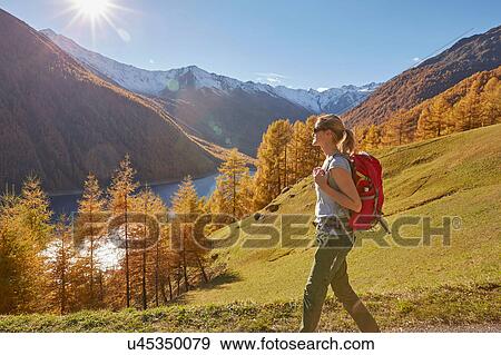 Stock Photo - Woman hiking, looking at view, Schnalstal, South Tyrol, Italy. Fotosearch