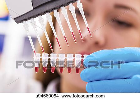 Picture - Woman holding micro tubes and pipettes. Fotosearch