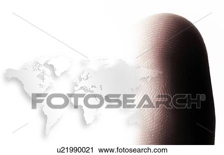 Stock Image - World map outline and human finger. Fotosearch
