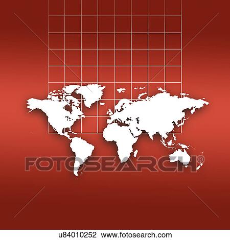 Stock Image - World map outlines and grid on red background. Fotosearch