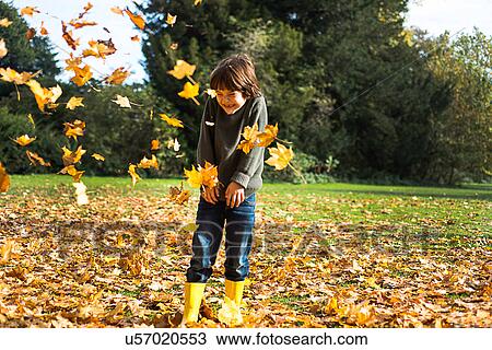 Stock Image - Young boy, outdoors, throwing autumn leaves. Fotosearch