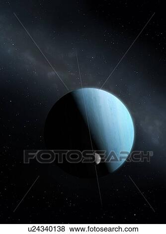 Stock Photo - An impression of the green ice giant planet, Uranus, and its innermost substantial moon, the fractured Miranda. Uranus is the seventh planet in order of distance from the Sun, orbiting at an average distance of 2. 85 billion km. It is unusual in that.... Fotosearch