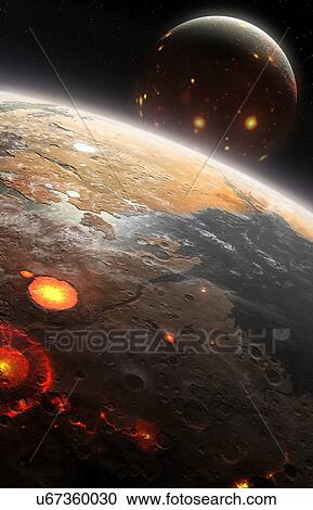 Artwork of the young Earth-Moon system. The Earth had recently formed when it was struck by a protoplanet – called Theia – roughly three times the size of Mars. Debris from the impact went into orbit where it quickly coalesced to form the Moon,... View Large Photo Image Stock Image - Artwork of the young Earth-Moon system. The Earth had recently formed when it was struck by a protoplanet – called Theia – roughly three times the size of Mars. Debris from the impact went into orbit where it quickly coalesced to form the Moon,.... Fotosearch