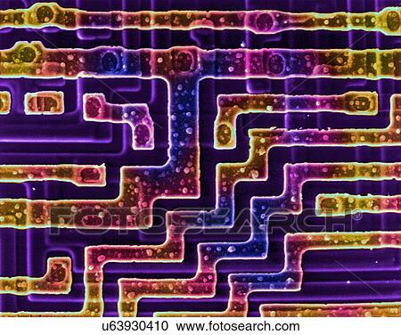 Stock Image - Coloured scanning electron micrograph (SEM) of Surface of a random access memory chip (integrated circuit). A RAM chip (Random Access Memory) is the computer's temporary data storage. A RAM device allows data items to be accessed (read or written) in.... Fotosearch