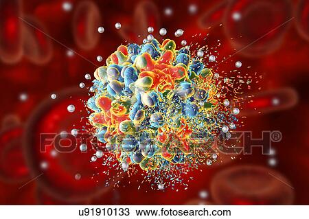 Stock Image - Destruction of hepatitis B virus by silver nanoparticles, computer illustration. Conceptual image for hepatitis B treatment and prevention by using nanotechnology.. Fotosearch