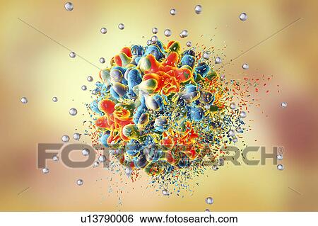Stock Photograph - Destruction of hepatitis B virus by silver nanoparticles, computer illustration. Conceptual image for hepatitis B treatment and prevention by using nanotechnology.. Fotosearch
