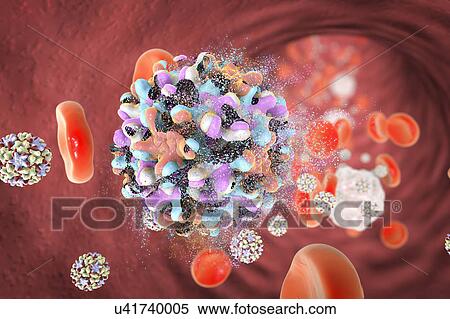 Stock Photography - Destruction of hepatitis B virus, computer illustration. Conceptual image for hepatitis B treatment and prevention.. Fotosearch