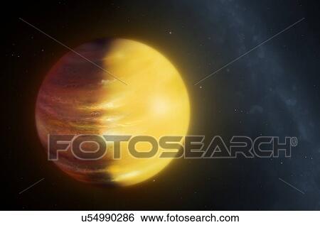 Stock Photograph - For the first time, astronomers have detected actual weather systems on a planet beyond the Solar System. Orbiting the star HAT-P-7, 1000 light-years away, is a gas giant 16 times larger than Earth. Called HAT-P-7b, the planet is so close to its star.... Fotosearch