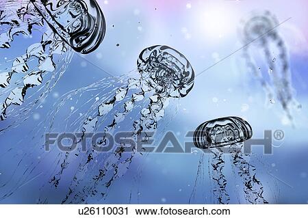 Stock Image - Jellyfishes, computer illustration.. Fotosearch