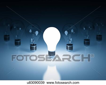 Stock Photo - Lightbulbs against a blue background.. Fotosearch