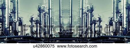 Stock Photography - Oil refinery with chimneys, panoramic.. Fotosearch