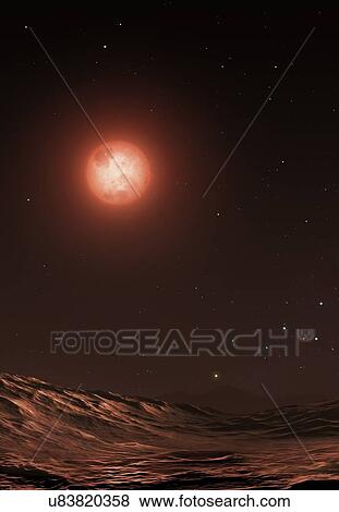 Proxima is the nearest star to the Sun. It is a dim red dwarf, smaller than our Sun and many thousands of times brighter. Here we see it seen with an orbiting rocky planet, recently discovered, called Proxima b. At the bottom, just above the horizon... View Large Photo Image Stock Photo - Proxima is the nearest star to the Sun. It is a dim red dwarf, smaller than our Sun and many thousands of times brighter. Here we see it seen with an orbiting rocky planet, recently discovered, called Proxima b. At the bottom, just above the horizon.... Fotosearch