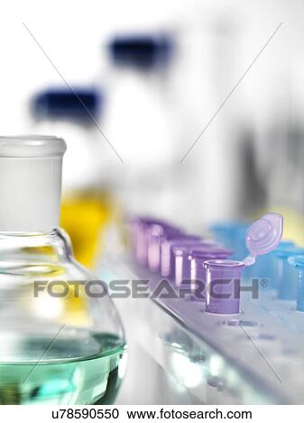 Stock Image - Round-bottom flask and Eppendorf tubes.. Fotosearch