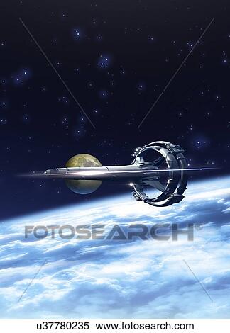 Stock Photography - Space craft above clouds, illustration.. Fotosearch
