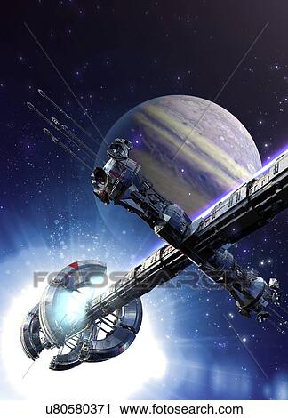 Stock Image - Space craft and planet, illustration.. Fotosearch