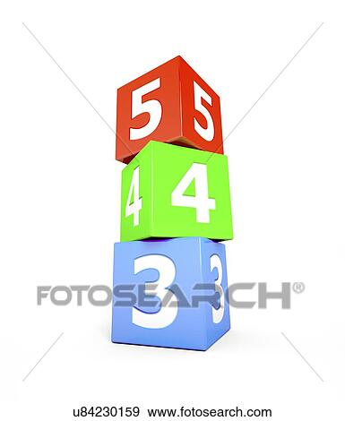 Stock Photo - Stack of 3 coloured numbered cubes, two, three and four.. Fotosearch