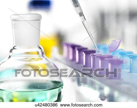 Stock Photograph - Substance being pipetted from a round-bottom flask into Eppendorf tubes.. Fotosearch