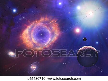 This is a conceptual illustration representing space and astronomy in general. It shows the various objects that can be found in the Universe: planets, moons, stars, nebulae and galaxies. The centrepiece is a planetary nebula – the cast-off remains of... View Large Photo Image Stock Image - This is a conceptual illustration representing space and astronomy in general. It shows the various objects that can be found in the Universe: planets, moons, stars, nebulae and galaxies. The centrepiece is a planetary nebula – the cast-off remains of.... Fotosearch