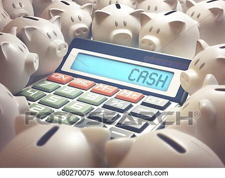 Stock Photography - Calculator with cash and piggy bank. Fotosearch
