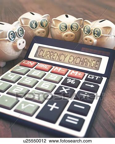 Stock Image - Calculator with currency exchange and piggy banks. Fotosearch