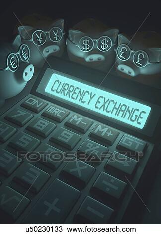 Stock Image - Calculator with currency exchange and piggy banks. Fotosearch